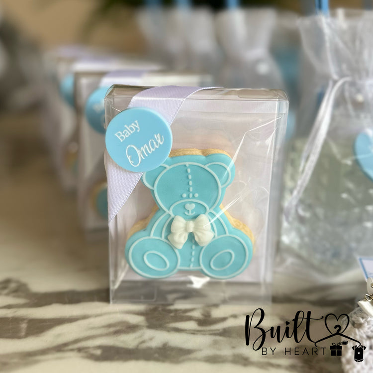 12x blue teddy cookies with personalised acrylic tag