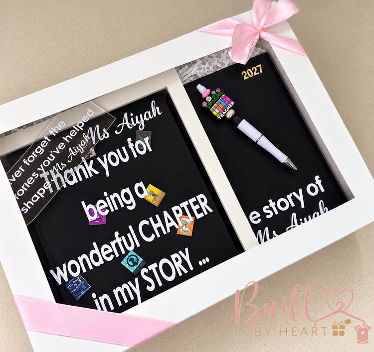 Personalised black and white teacher appreciation gift box with shadow frame, teacher pen and 2027 notebook