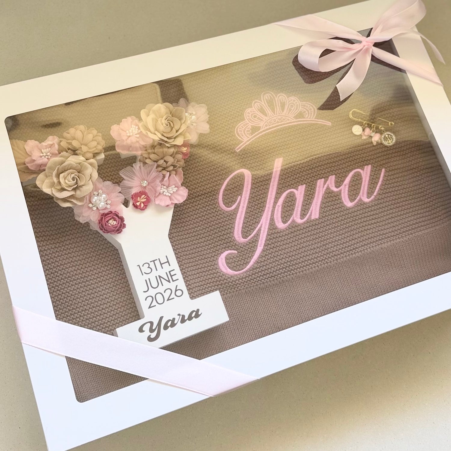 Personalised baby gift box with embroidered name, floral initial and birth date