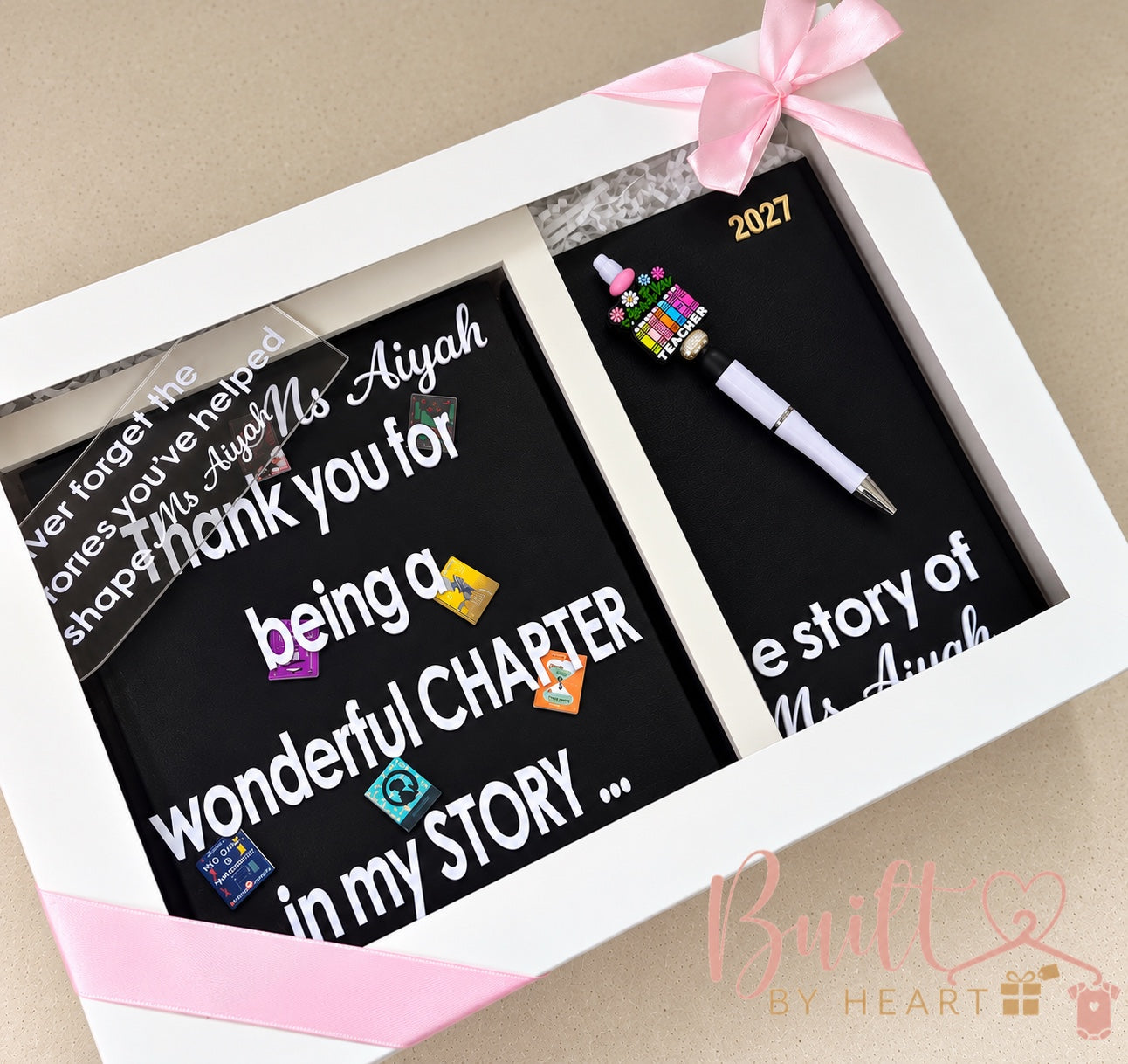 Personalised black and white teacher appreciation gift box with shadow frame, teacher pen and 2027 notebook