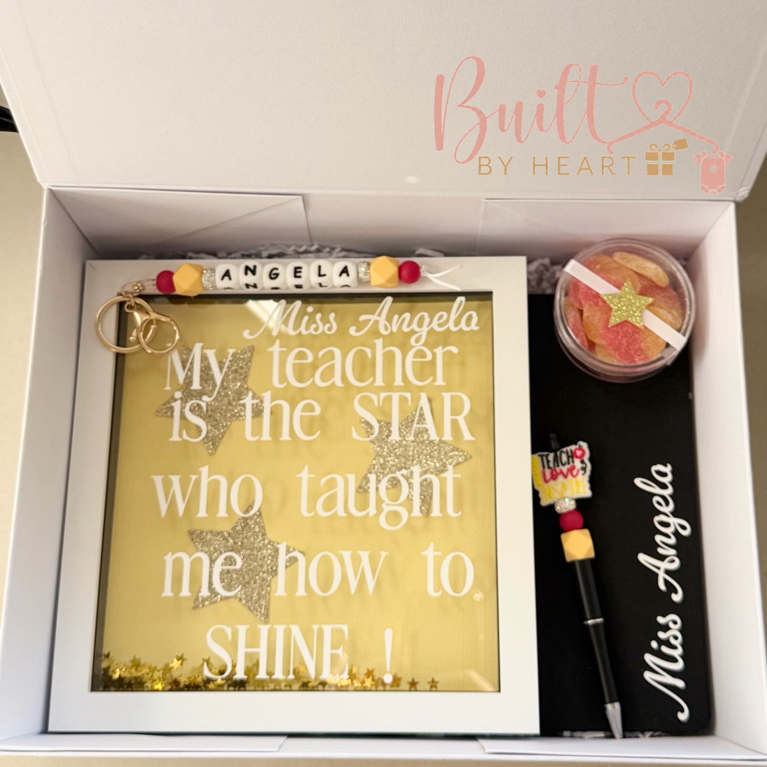 Personalised teacher appreciation gift box with framed quote, notebook, pen, keyring and sweets